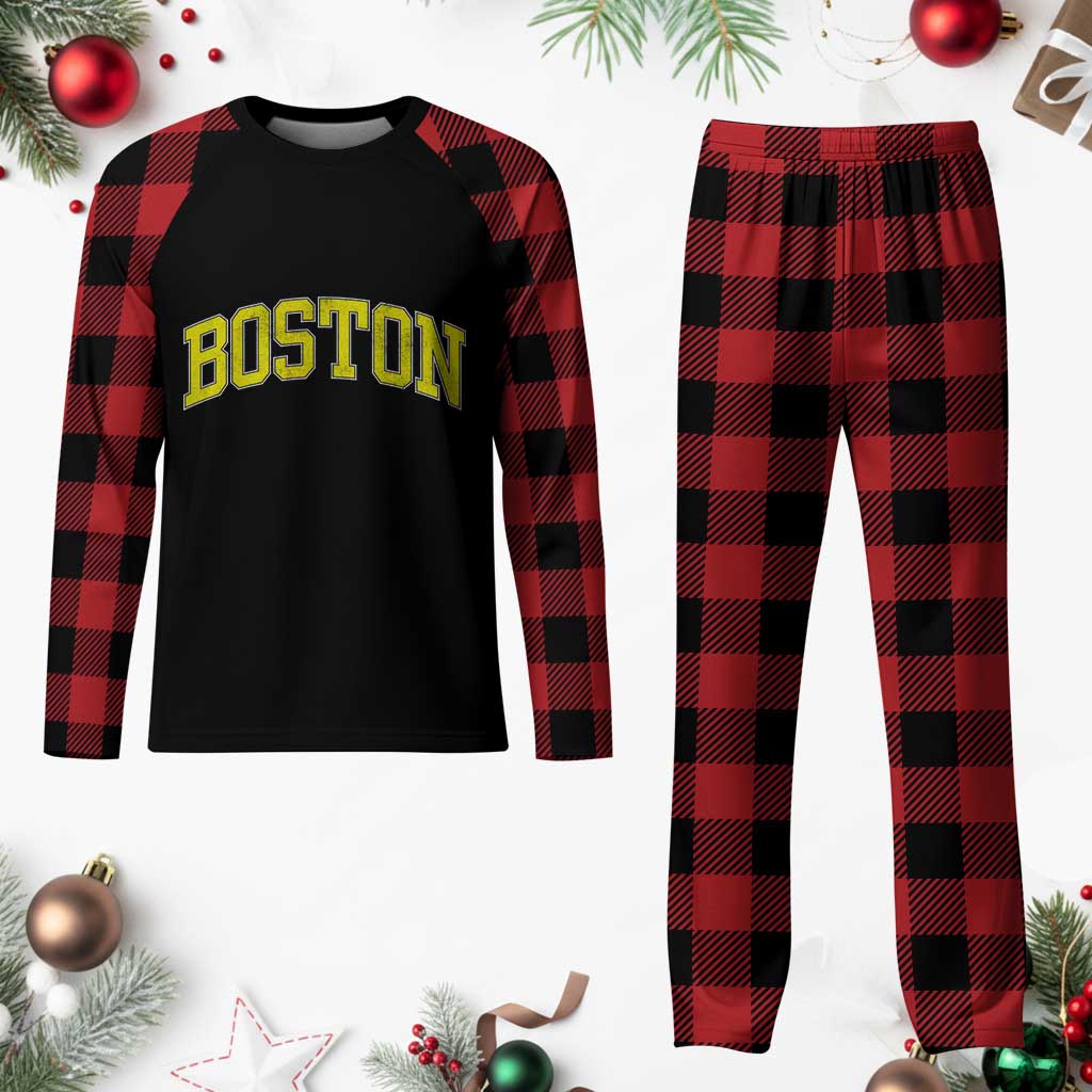 Retro Yellow Boston Massachusetts MA Vintage Throwback Running Plaid Pajama Set