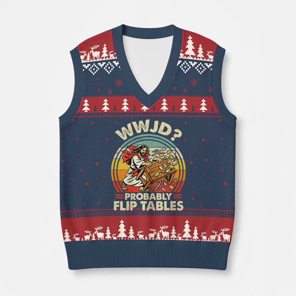 WWJD Probably Flip Tables V-Neck Knit Sweater Vest Retro Christian Humor