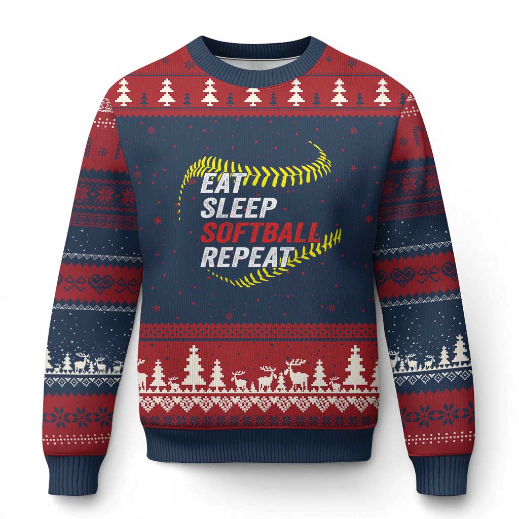 Eat Sleep Softball Repeat Ugly Christmas Sweater Funny Softball Player