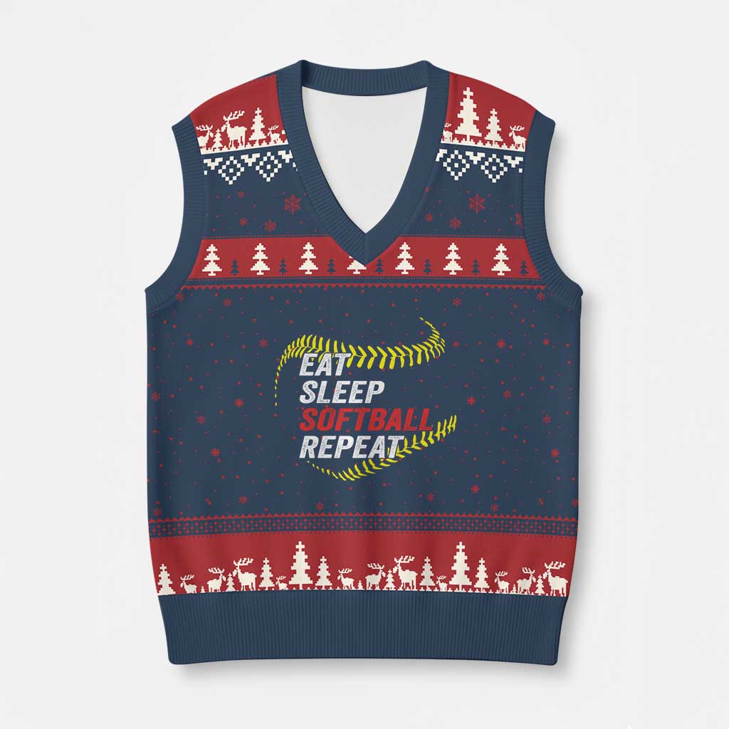 Eat Sleep Softball Repeat V-Neck Knit Sweater Vest Funny Softball Player