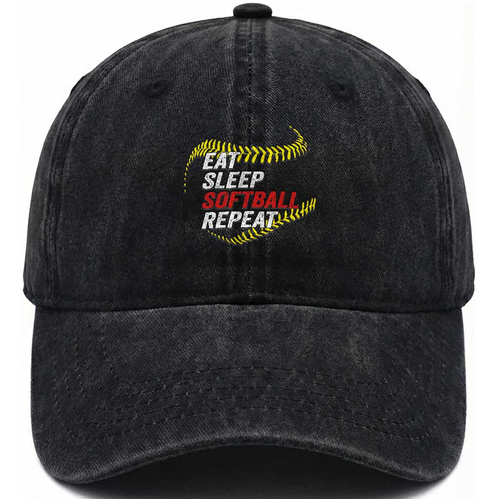 Eat Sleep Softball Repeat Washed Cotton Baseball Cap Funny Softball Player