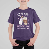 Funny Our First Mother's Day Together T Shirt For Kid Mom And Baby Matching Milk Coffee