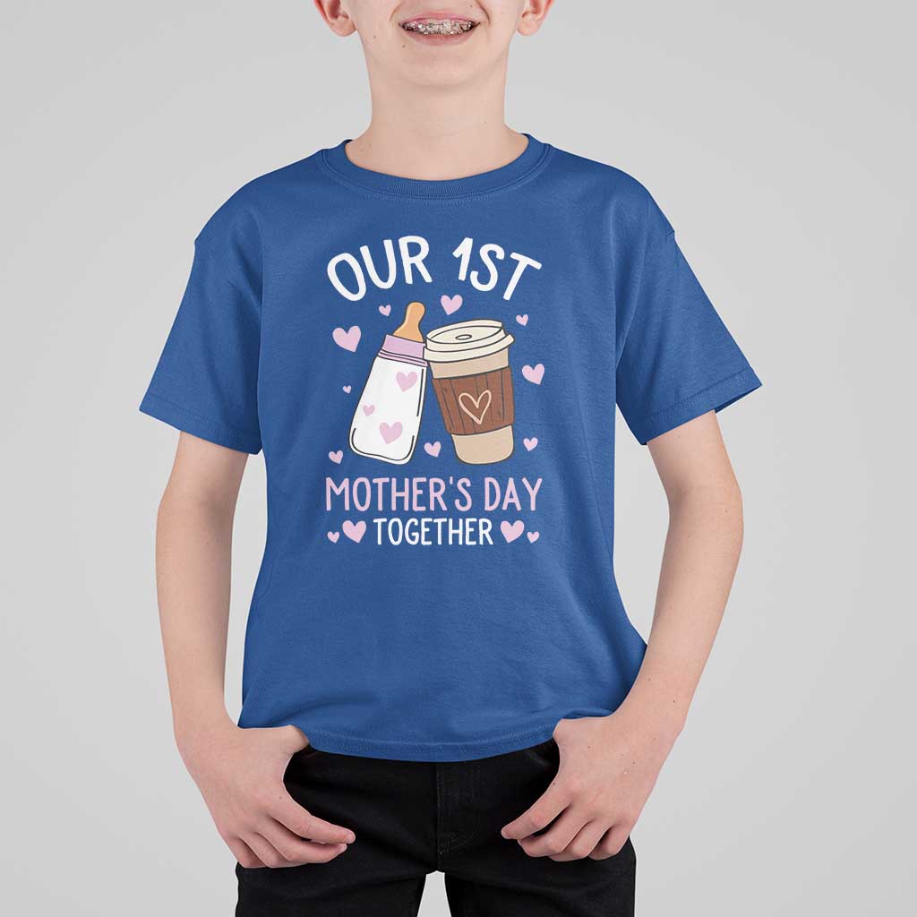 Funny Our First Mother's Day Together T Shirt For Kid Mom And Baby Matching Milk Coffee