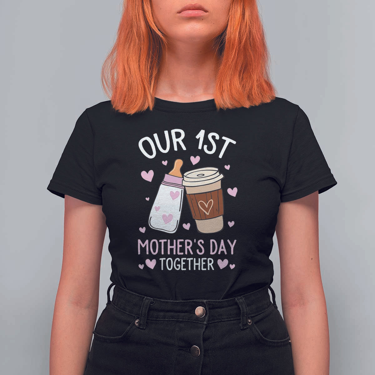 Funny Our First Mother's Day Together T Shirt For Women Mom And Baby Matching Milk Coffee