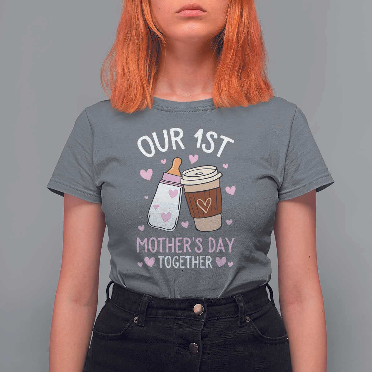 Funny Our First Mother's Day Together T Shirt For Women Mom And Baby Matching Milk Coffee