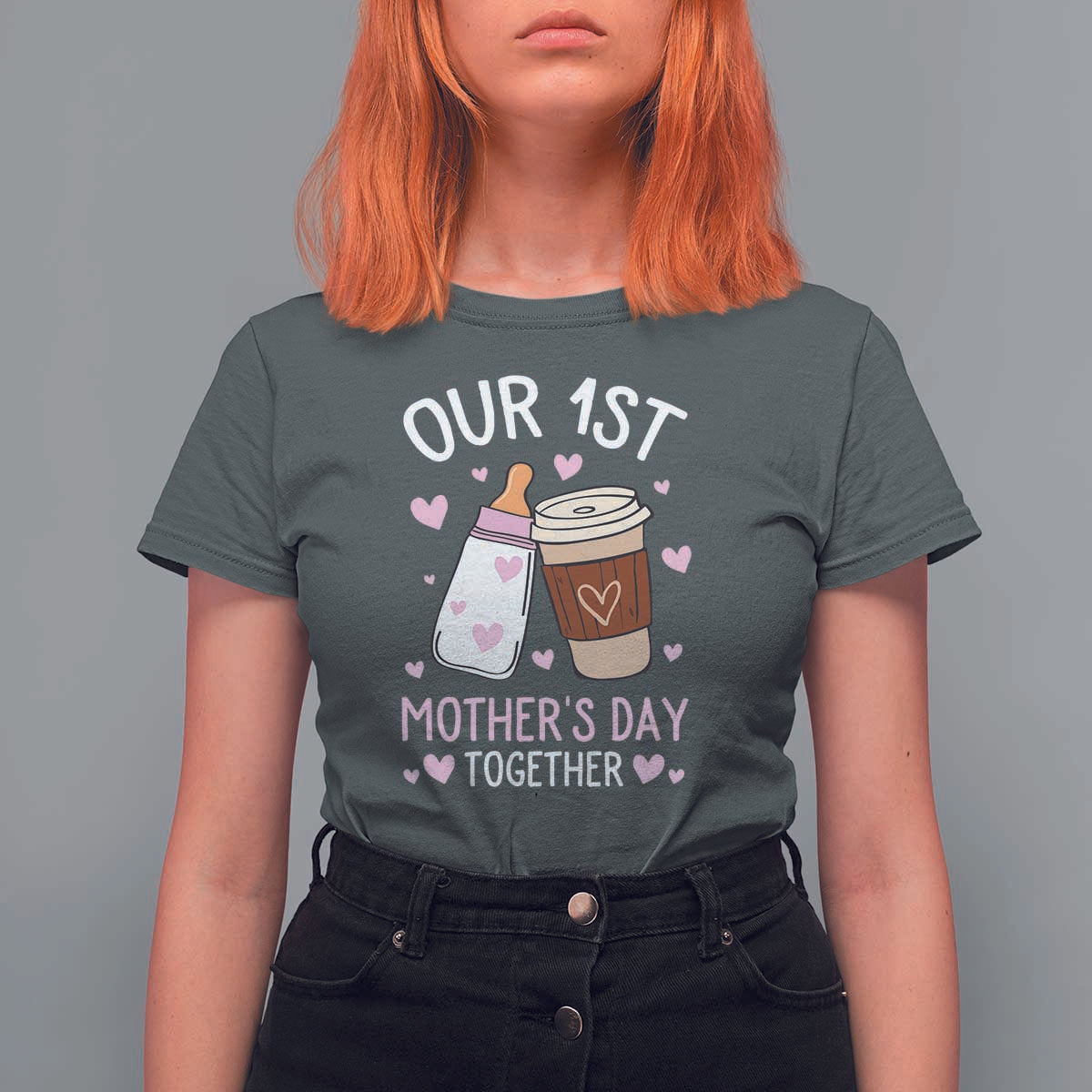 Funny Our First Mother's Day Together T Shirt For Women Mom And Baby Matching Milk Coffee