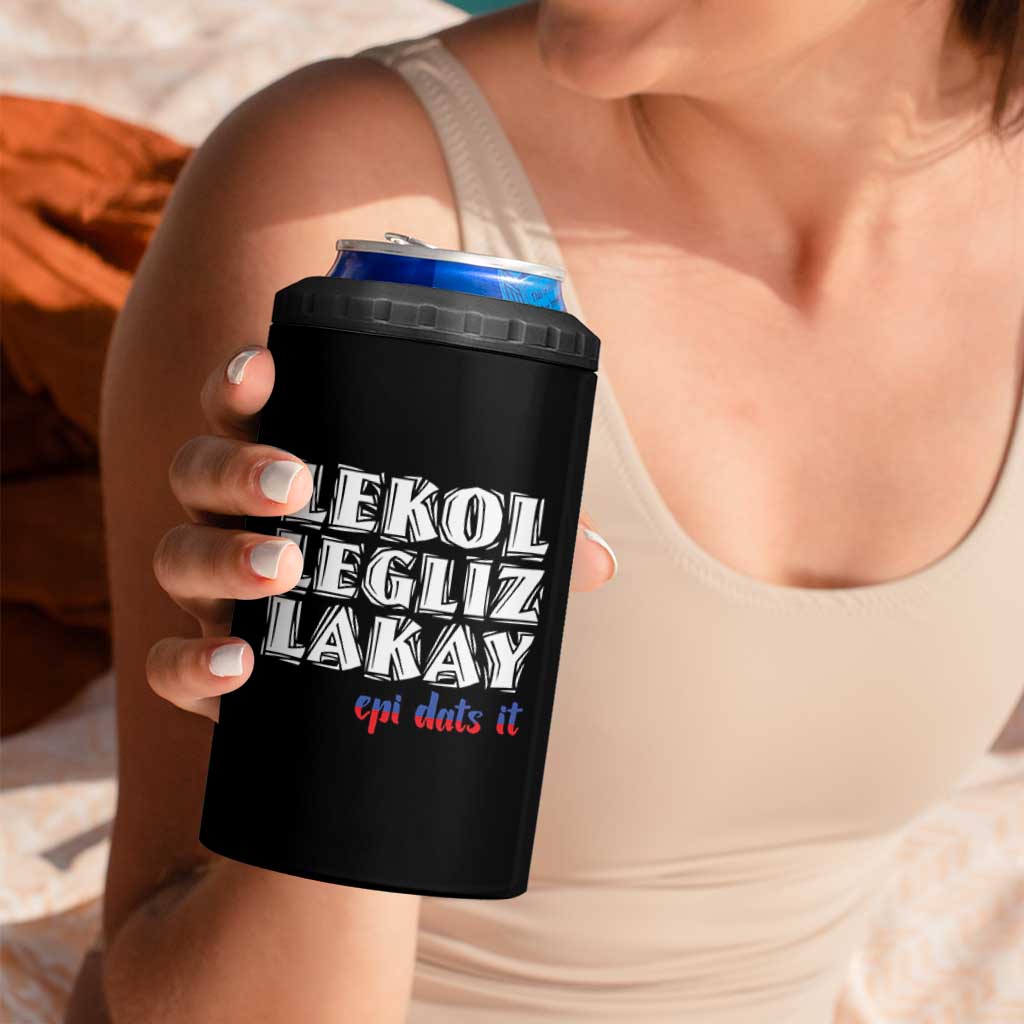 Haitian Pride 4 in 1 Can Cooler Tumbler Haitian Lekol Legliz Lakay Haiti Flag Creole Saying