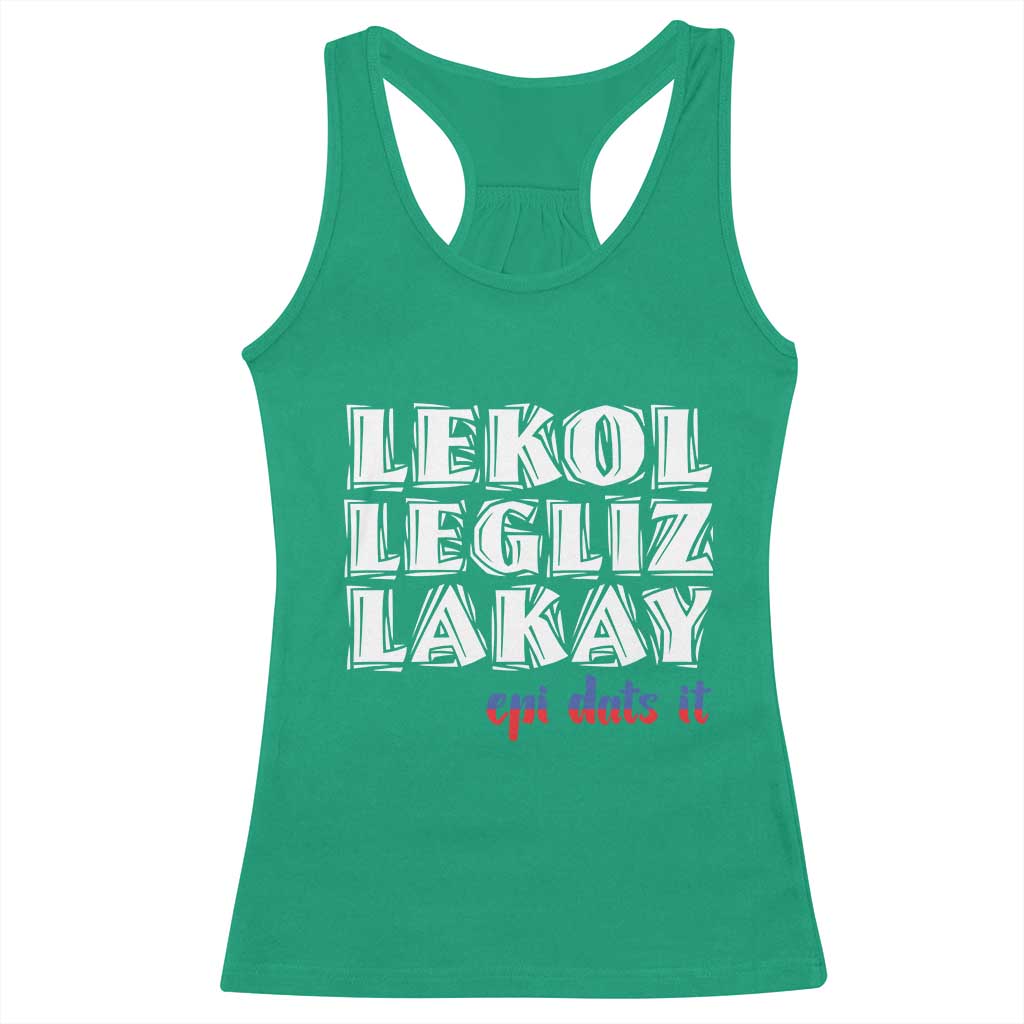 Haitian Pride Racerback Tank Top Haitian Lekol Legliz Lakay Haiti Flag Creole Saying