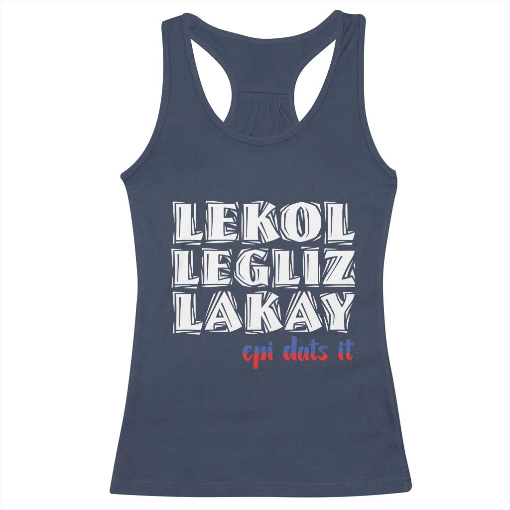 Haitian Pride Racerback Tank Top Haitian Lekol Legliz Lakay Haiti Flag Creole Saying
