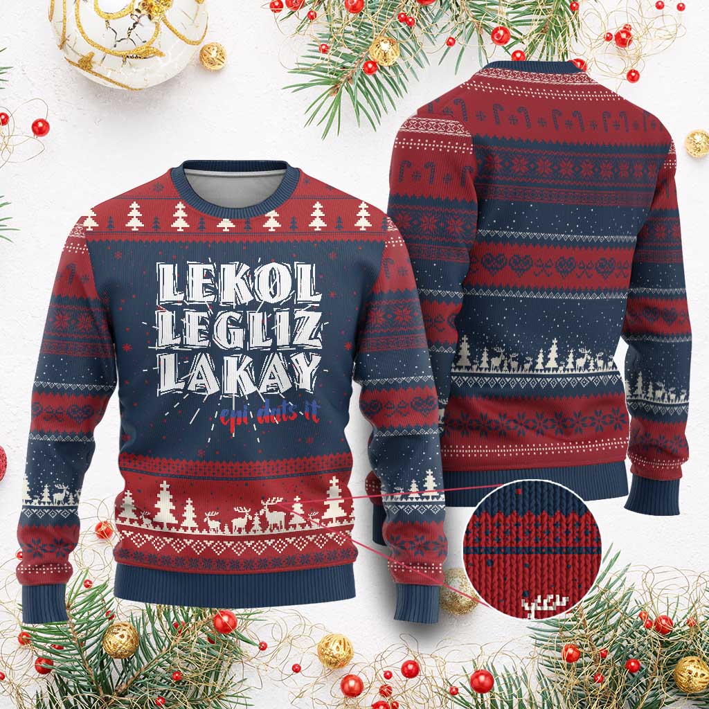 Haitian Pride Knitted Sweatshirt Haitian Lekol Legliz Lakay Haiti Flag Creole Saying - Wonder Print Shop