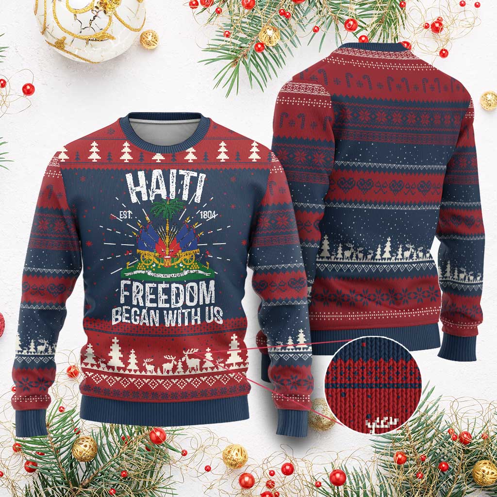 Haiti Freedom Began With Us Knitted Sweatshirt Haitian Flag Day - Wonder Print Shop