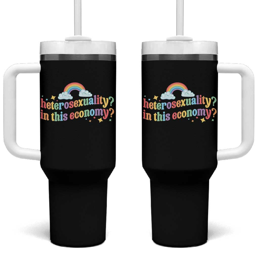Funny Heterosexuality In This Economy Tumbler With Handle Rainbow LGBTQ+ Pride - Wonder Print Shop