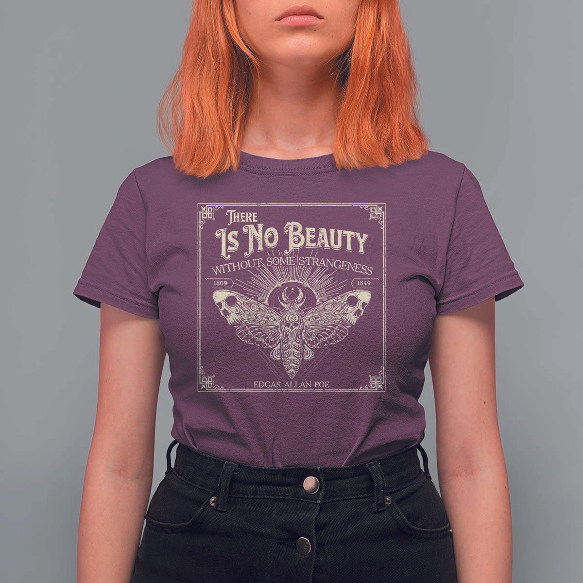 Funny Skull Moth T Shirt For Women There Is No Beauty Without Some Strangeness Edgar Poe