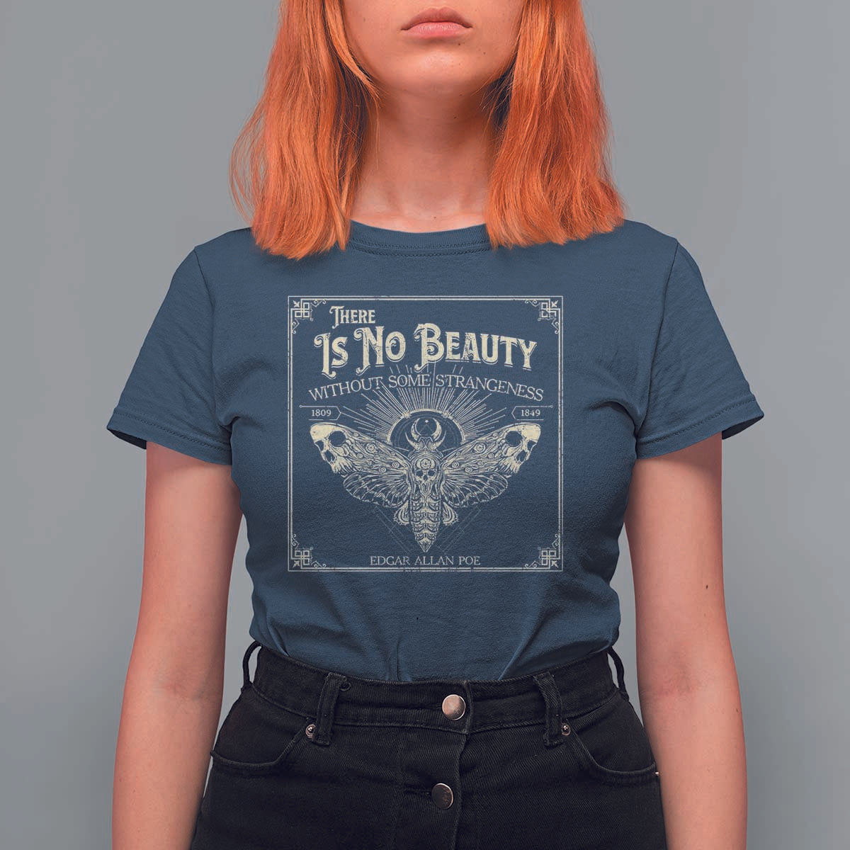 Funny Skull Moth T Shirt For Women There Is No Beauty Without Some Strangeness Edgar Poe