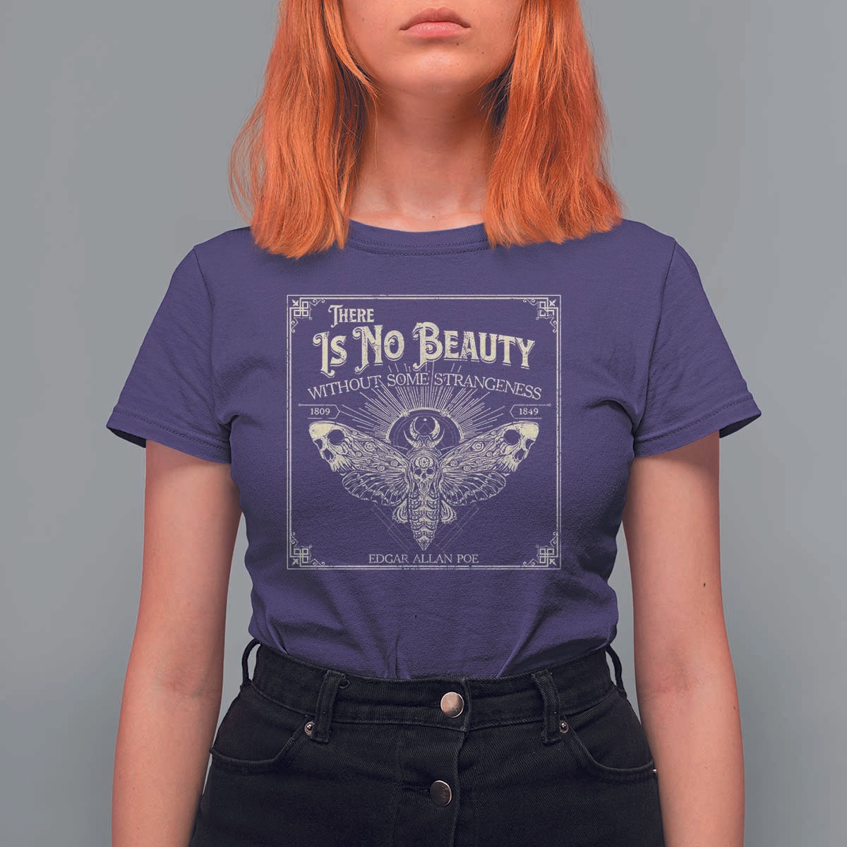 Funny Skull Moth T Shirt For Women There Is No Beauty Without Some Strangeness Edgar Poe