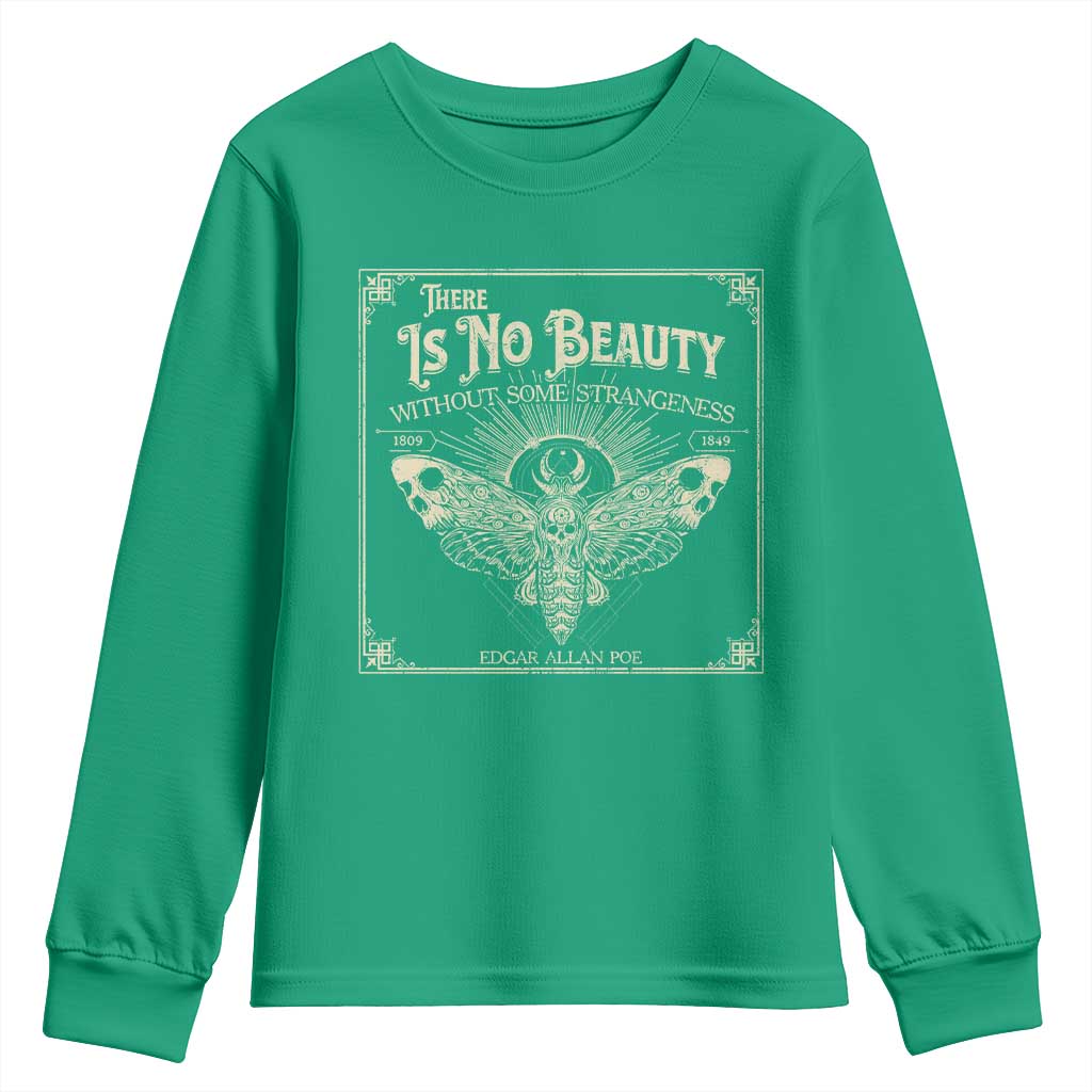Funny Skull Moth Youth Sweatshirt There Is No Beauty Without Some Strangeness Edgar Poe