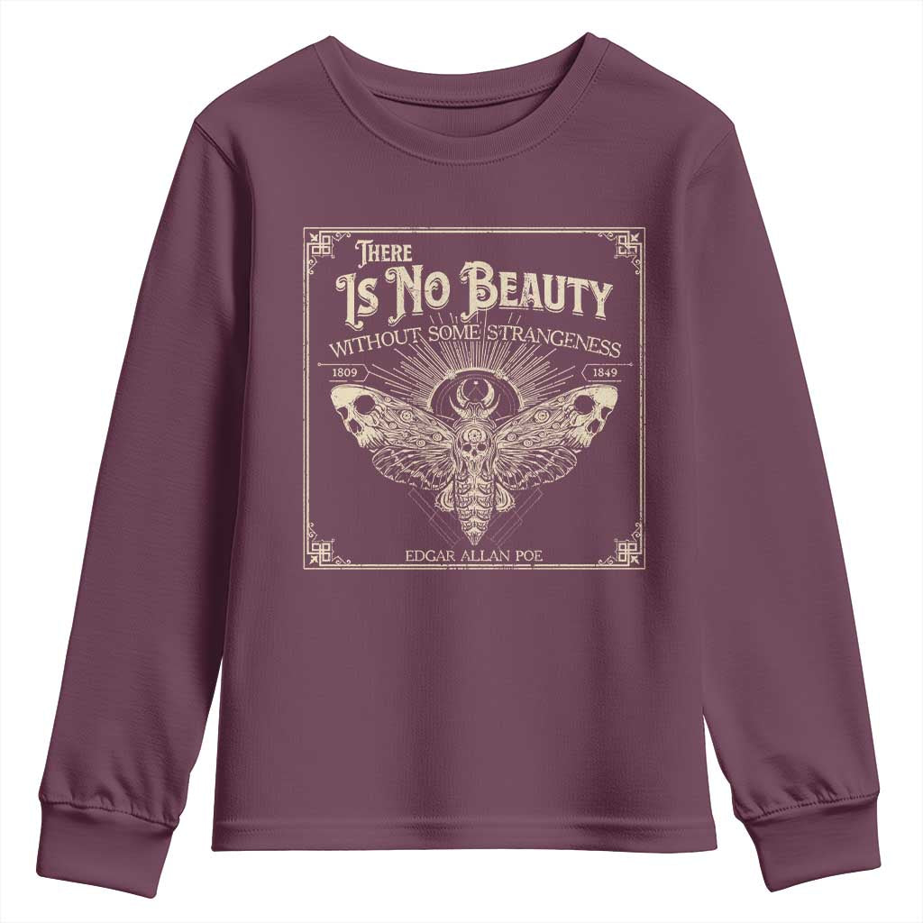 Funny Skull Moth Youth Sweatshirt There Is No Beauty Without Some Strangeness Edgar Poe