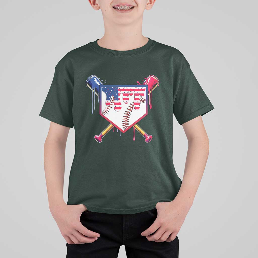 Funny Ice Cream Baseball Drip American Flag T Shirt For Kid 4th Of July