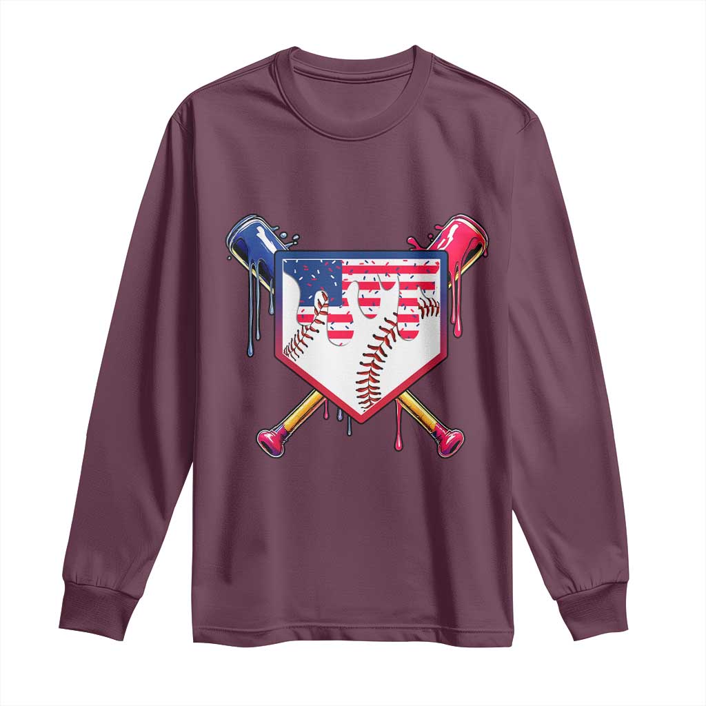 Funny Ice Cream Baseball Drip American Flag Long Sleeve Shirt 4th Of July