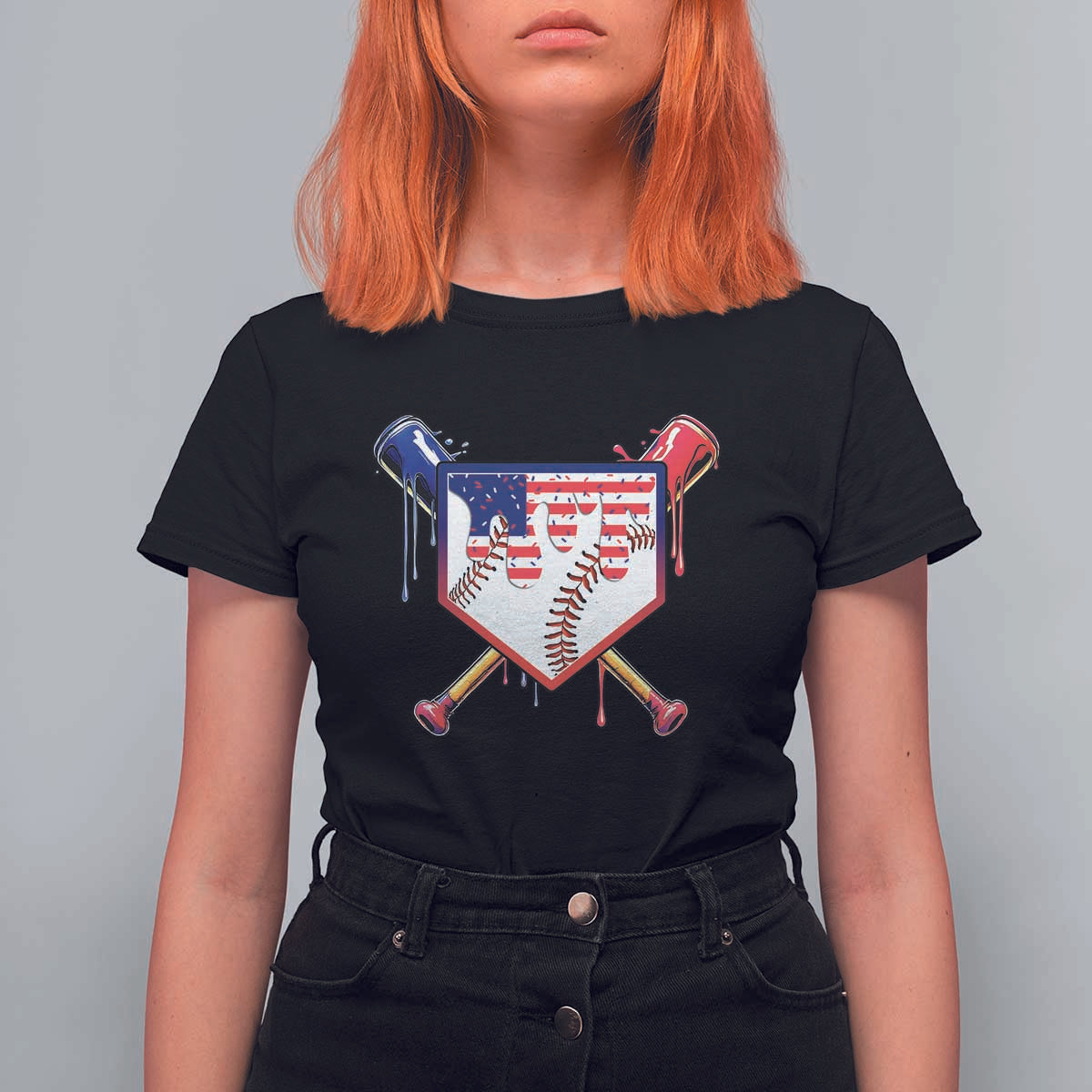 Funny Ice Cream Baseball Drip American Flag T Shirt For Women 4th Of July