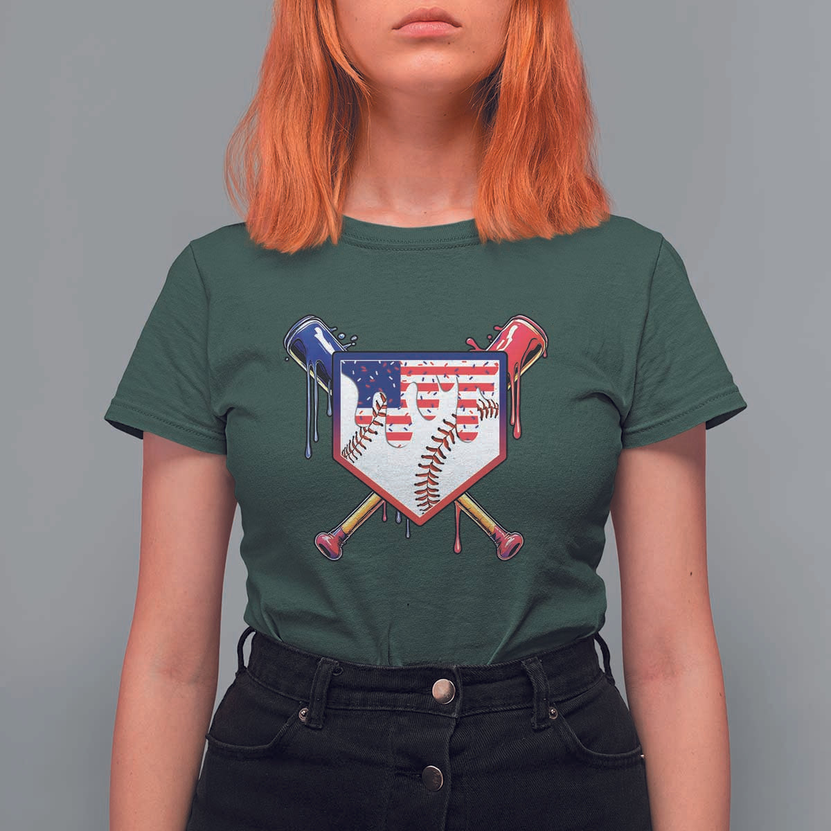 Funny Ice Cream Baseball Drip American Flag T Shirt For Women 4th Of July