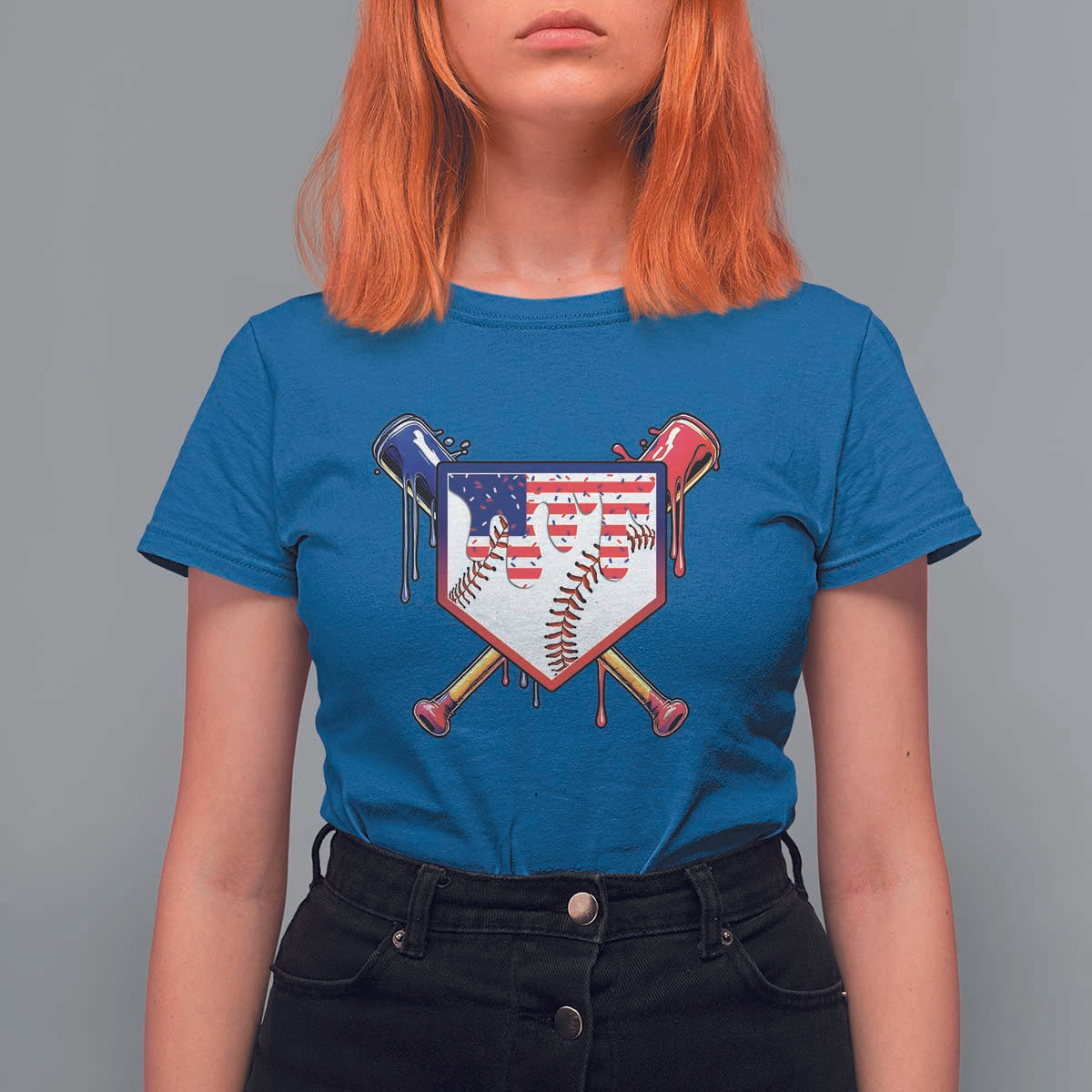 Funny Ice Cream Baseball Drip American Flag T Shirt For Women 4th Of July
