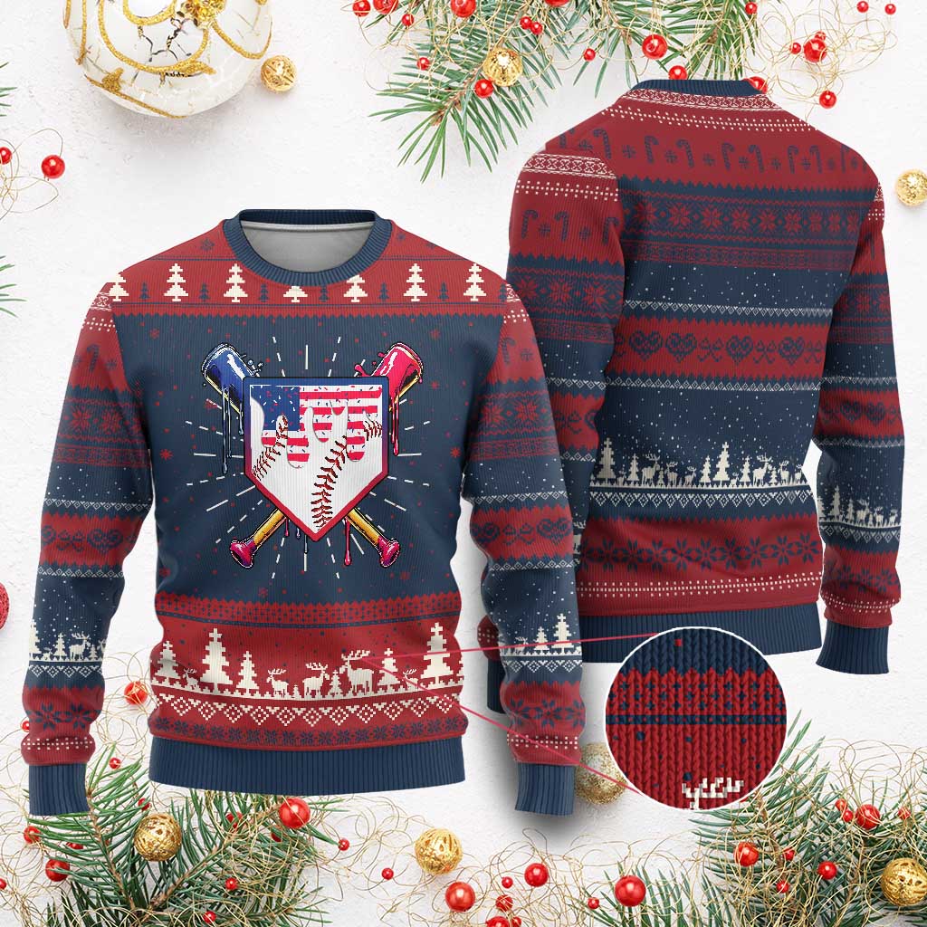 Funny Ice Cream Baseball Drip American Flag Knitted Sweatshirt 4th Of July - Wonder Print Shop