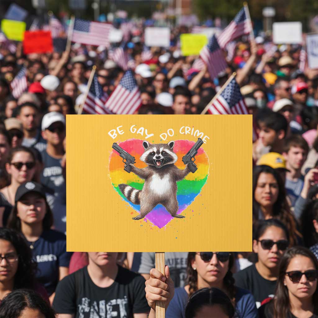 Funny Be Gay Do Crime Protest Sign LGBTQ Pride Gay Racoon Rainbow - Wonder Print Shop