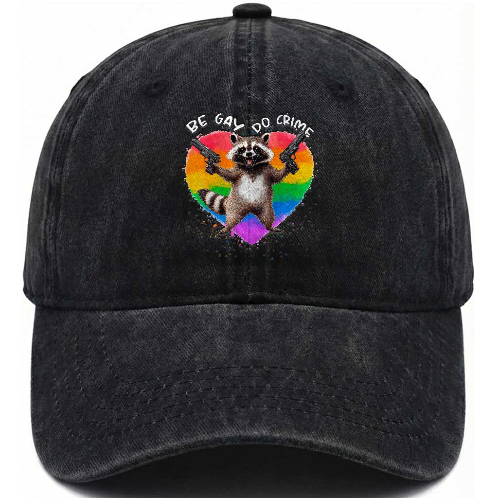 Funny Be Gay Do Crime Washed Cotton Baseball Cap LGBTQ Pride Gay Racoon Rainbow