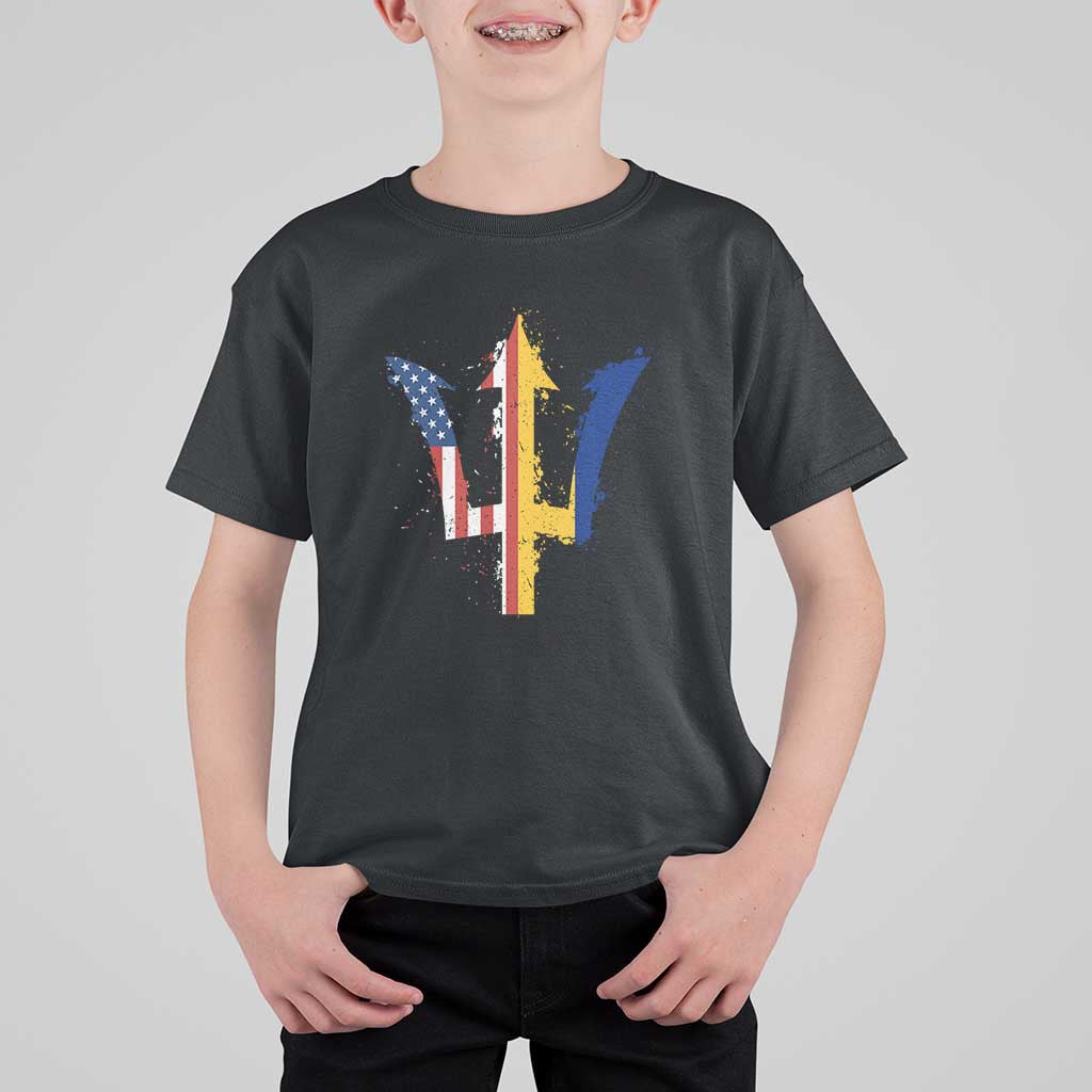 Funny Barbadian American Pride Barbados USA Flag Trident T Shirt For Kid