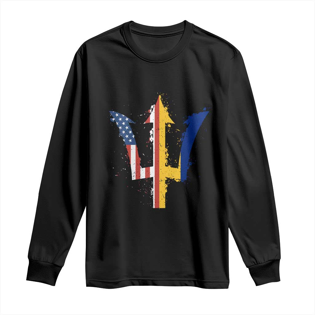Funny Barbadian American Pride Barbados USA Flag Trident Long Sleeve Shirt