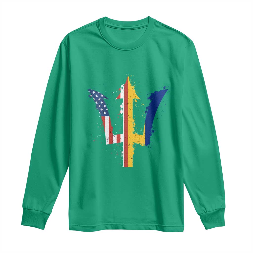 Funny Barbadian American Pride Barbados USA Flag Trident Long Sleeve Shirt