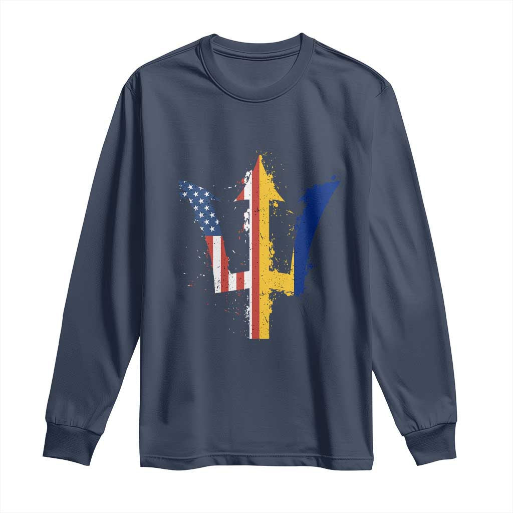 Funny Barbadian American Pride Barbados USA Flag Trident Long Sleeve Shirt