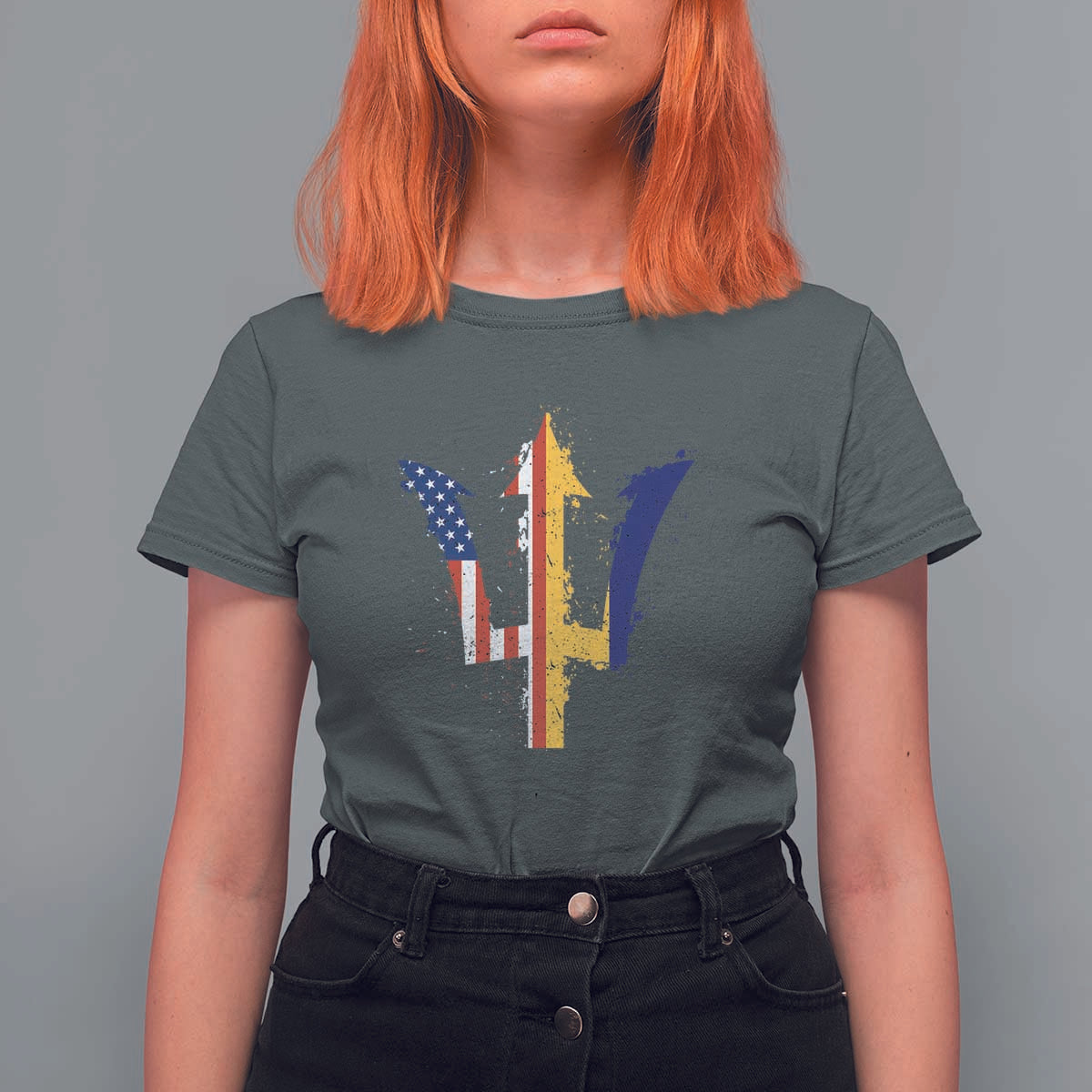 Funny Barbadian American Pride Barbados USA Flag Trident T Shirt For Women