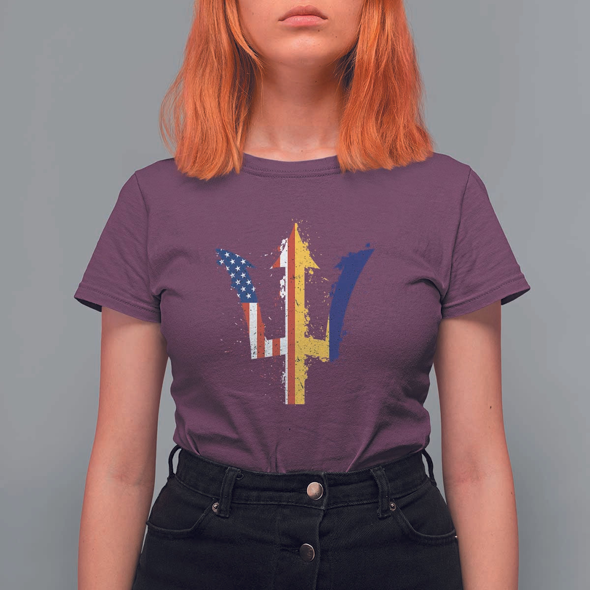Funny Barbadian American Pride Barbados USA Flag Trident T Shirt For Women