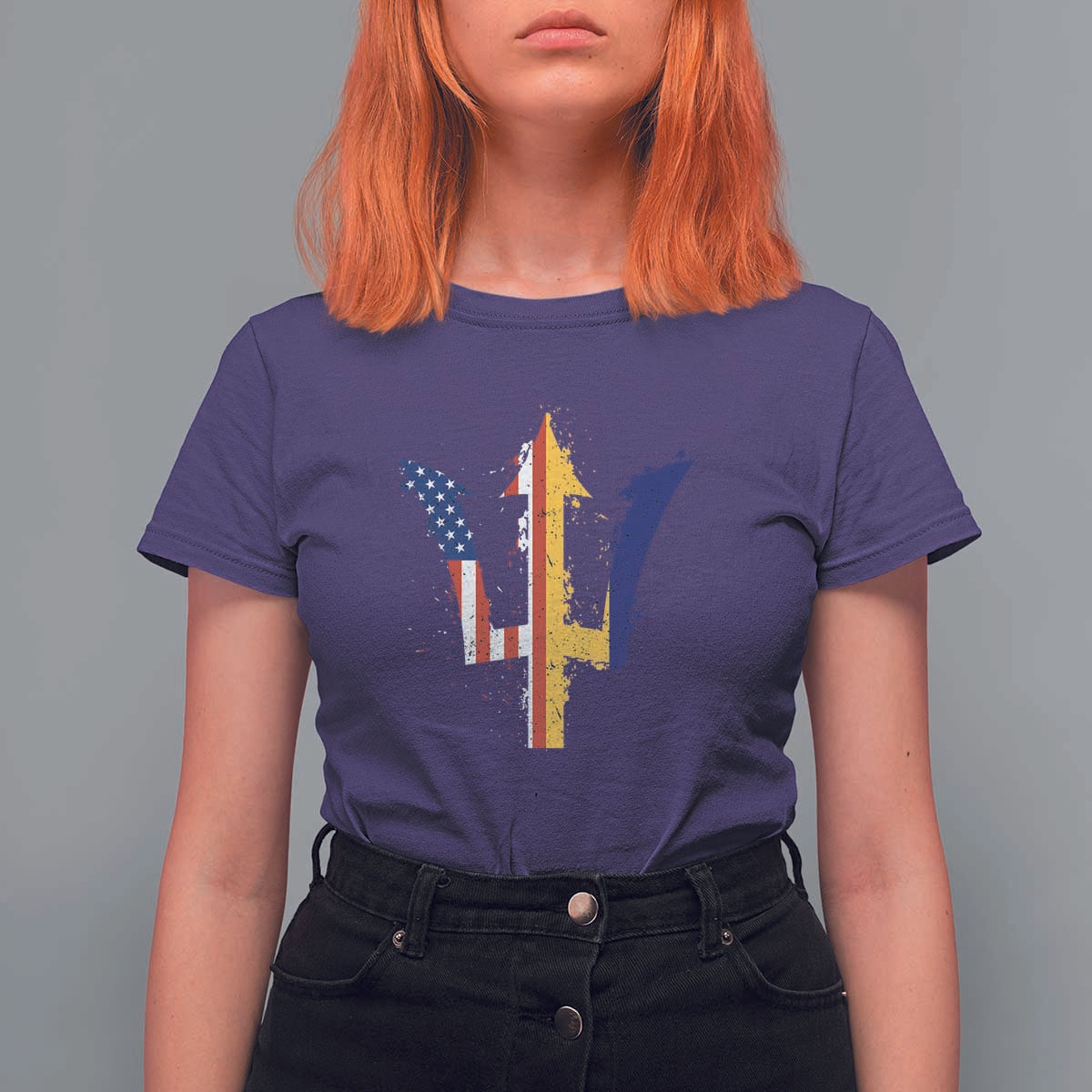 Funny Barbadian American Pride Barbados USA Flag Trident T Shirt For Women
