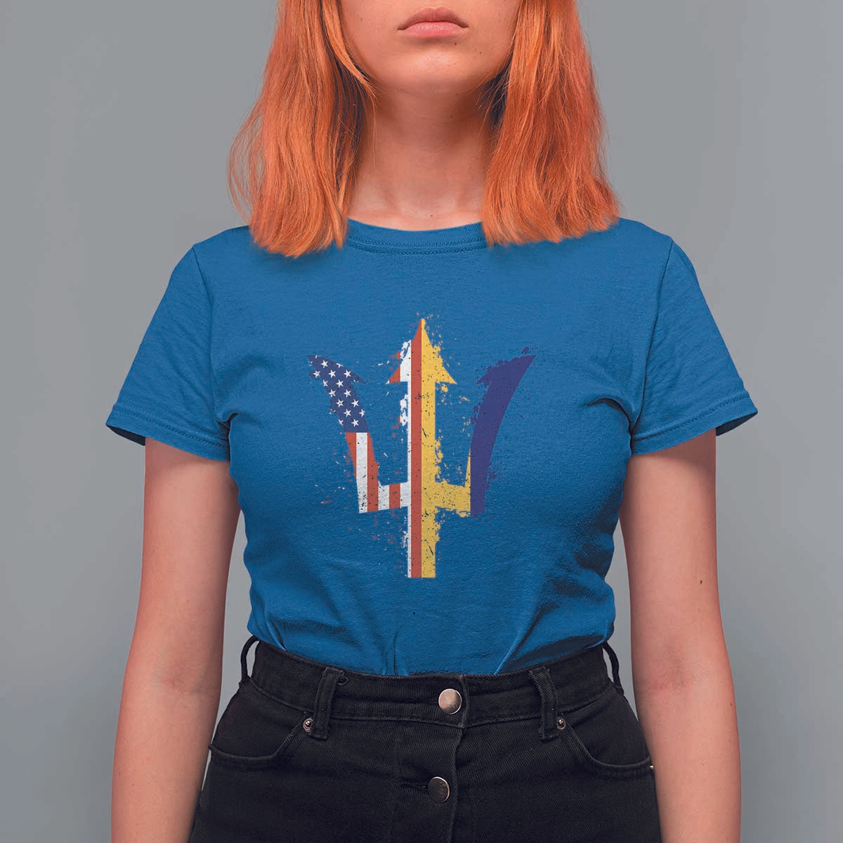 Funny Barbadian American Pride Barbados USA Flag Trident T Shirt For Women
