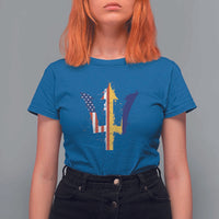 Funny Barbadian American Pride Barbados USA Flag Trident T Shirt For Women