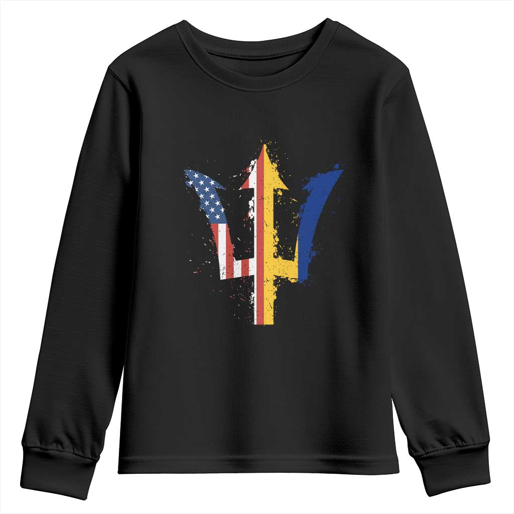 Funny Barbadian American Pride Barbados USA Flag Trident Youth Sweatshirt