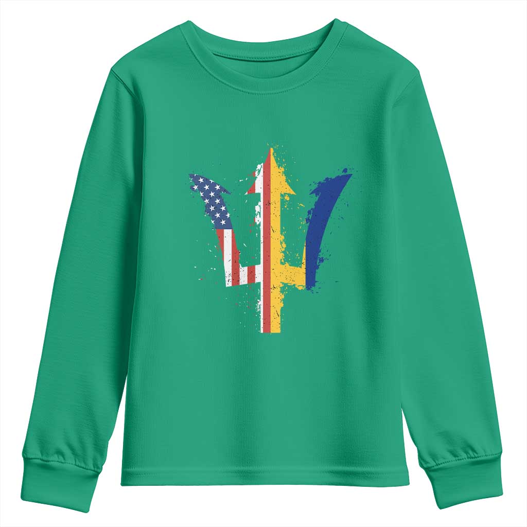 Funny Barbadian American Pride Barbados USA Flag Trident Youth Sweatshirt