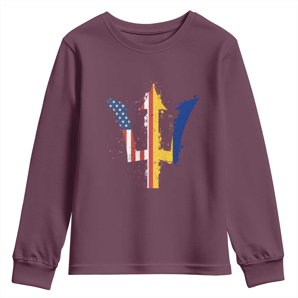 Funny Barbadian American Pride Barbados USA Flag Trident Youth Sweatshirt