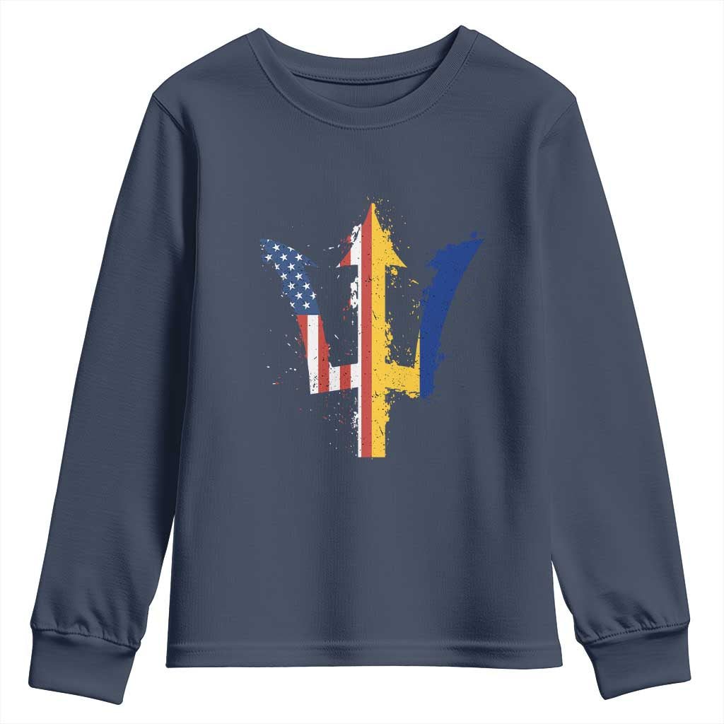 Funny Barbadian American Pride Barbados USA Flag Trident Youth Sweatshirt