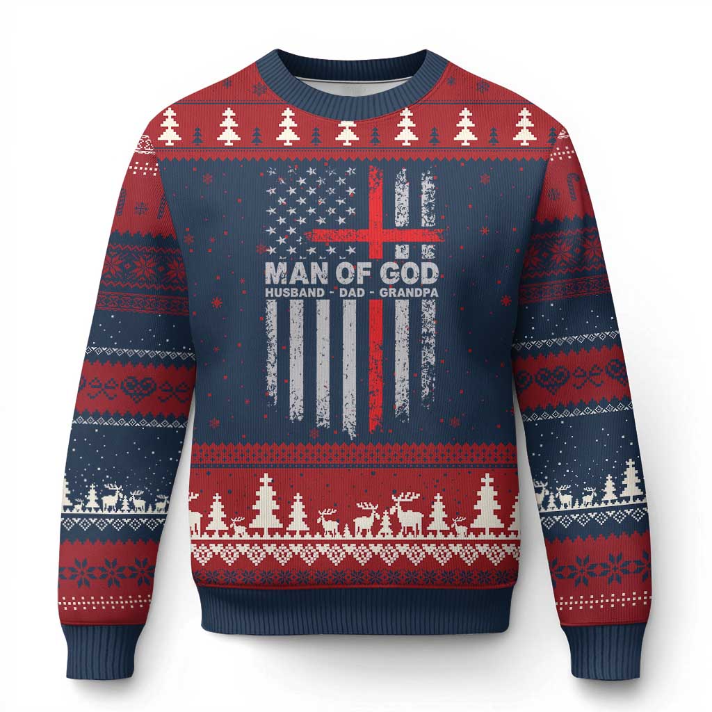 Man of God Husband Dad Protector Ugly Christmas Sweater Christian Dad Fathers Day