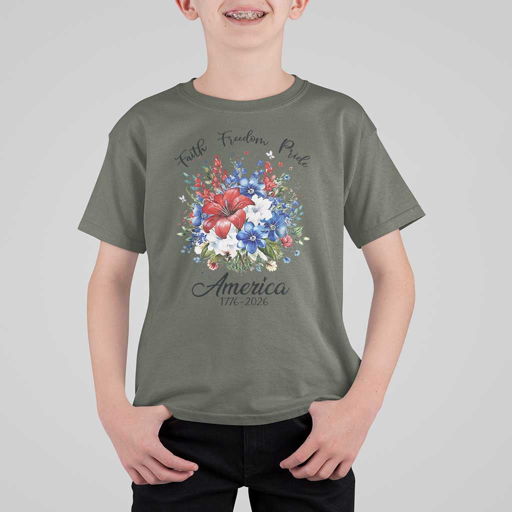 Floral 250th Anniversary T Shirt For Kid Faith Freedom Pride 4th of July 1776 2026