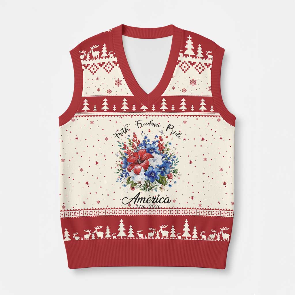 Floral 250th Anniversary V-Neck Knit Sweater Vest Faith Freedom Pride 4th of July 1776 2026