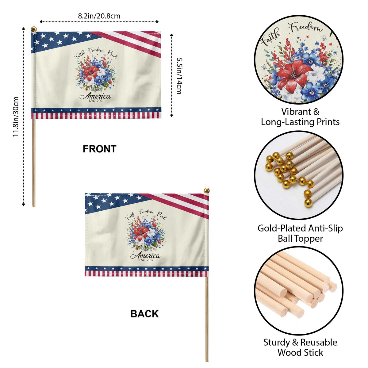 Floral 250th Anniversary Patriotic Handheld Flag Faith Freedom Pride 4th of July 1776 2026