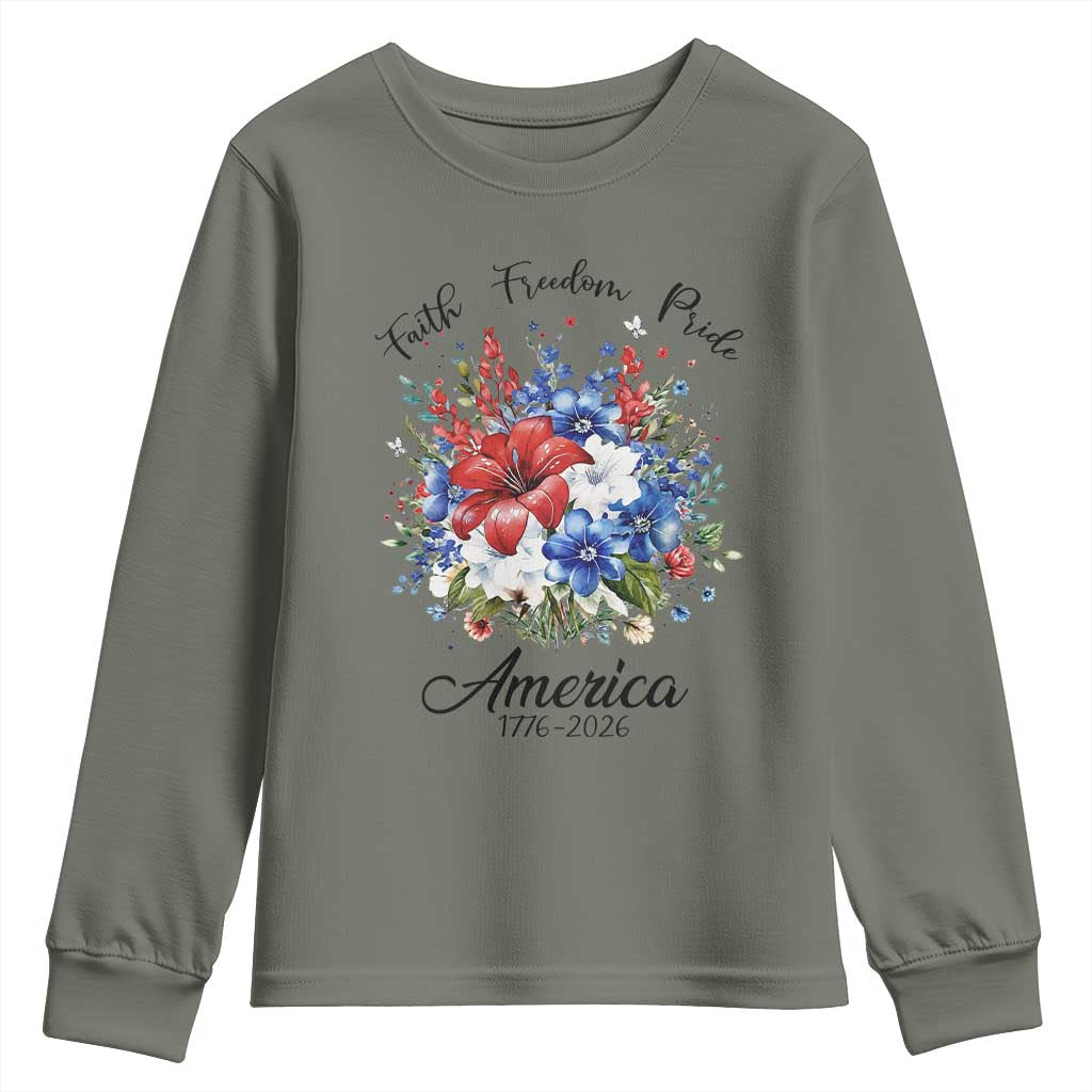 Floral 250th Anniversary Youth Sweatshirt Faith Freedom Pride 4th of July 1776 2026
