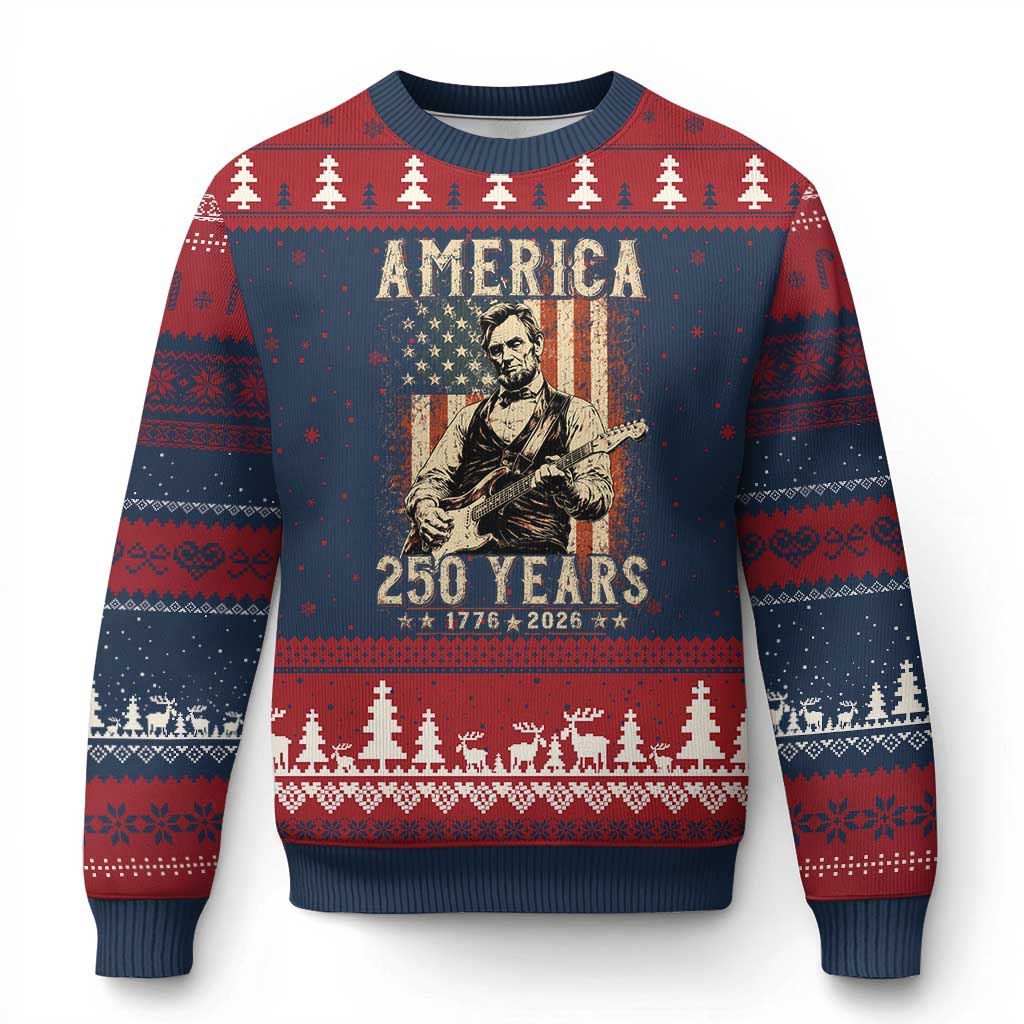 Abraham Lincoln Playing Guitar 4th July US 250th Anniversary Ugly Christmas Sweater