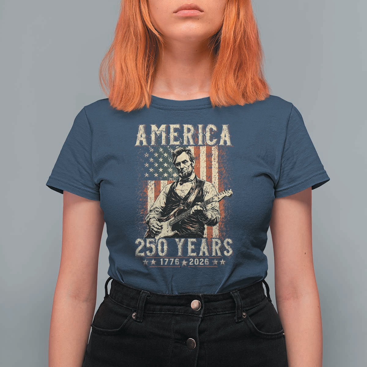 Abraham Lincoln Playing Guitar 4th July US 250th Anniversary T Shirt For Women