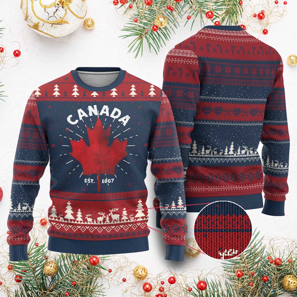 Funny Proud Canadian Canada EST 1867 Knitted Sweatshirt Vintage Maple Leaf - Wonder Print Shop